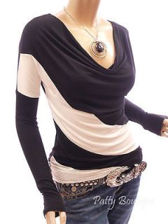 Trendy Black & White Diagonal Stripe Cowl Neck Long Sleeve Blouse Top 