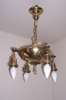 Antique Vtg Solid Brass Pan Chandelier 4 Light E Paddle Switch 