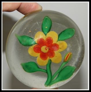 RARE Antique Glass Paperweight w Orange Yellow Flower