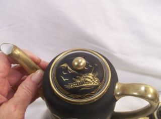 vintage japanese lithophane fine porcelain tea set black w heavy gold 