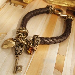 vintage antique style jewellery brass tone faux leather cord heart key 