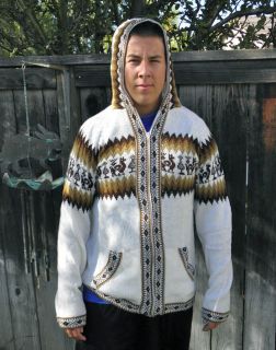 New White with Brown Alpacas Soft Sweater Jacket With Zipper & Hood 