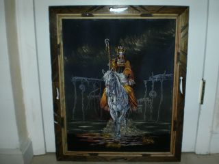  Framed Black Velvet Painting Native American Indian on Horse Unsigned