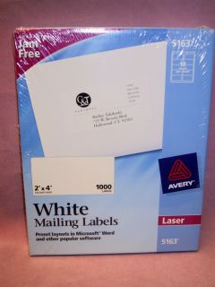 Avery White Laser Mailing Labels 5163 2 x 4 Unopened Box 1000   Jam 