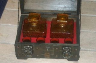Vintage Amber Glass Liquor Decanters & Glasses Wood Chest Bar Set