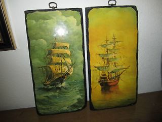 ANDRES ORPINAS Set of 2 Ship & Boats Laminated Prints on a Wood SIGNED 