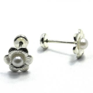 Sterling Silver 925 Baby Girl Earrings 2mm White Pearl Flower Security 