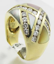 Asch Grossbardt 14k Gold Diamond Multi Color Inlaid Gemstone MOP Ring 