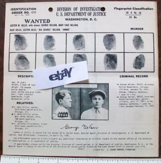 Lester Gillis Baby Face Nelson Original Wanted Poster Dillinger Gang 