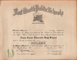 1945 Amon Carter Riverside High School Diploma   Vintage Fort Worth 