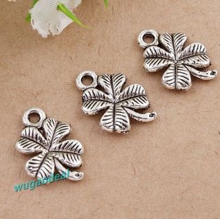   100 Pcs Lovely Old Silver Plated Lucky Four Leaf Clover Charms 11*16mm