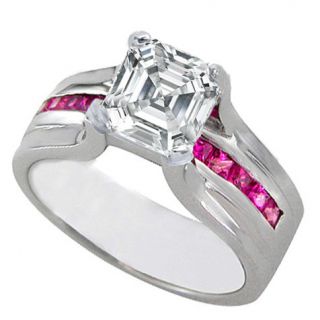 01 Carat Asscher Cut Diamond Pink Sapphire Ring F VS2