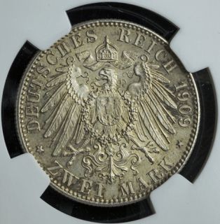 1909, Germany, Fredrick August III. Silver 2 Mark Coin. NGC MS 65