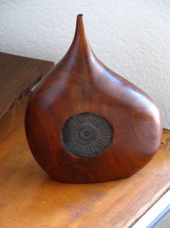 vintage sculpted rosewood vase with hand tooled 