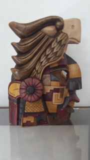 Mayan Aztec Sculpture mask EAGLE handcarved Cedar Mexican Warrior ART 