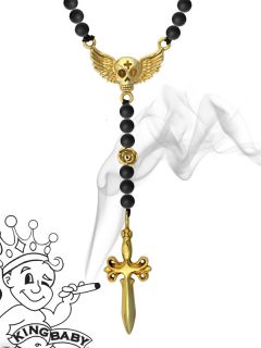 King Baby Onyx Rosary 18K Winged Skull Dagger Necklace