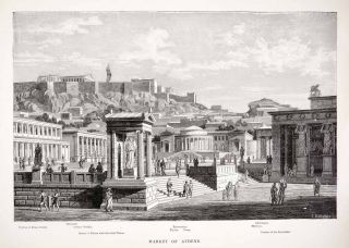   Engraving (Photoxylograph) Athens Greece Market Acropolis Parthenon