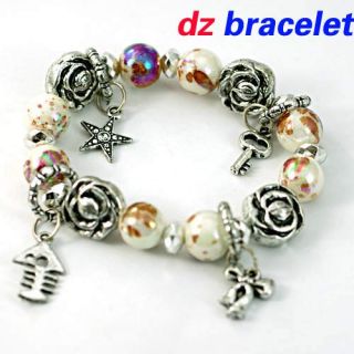   White Stretch Round Beads Flower Shape Dangle Bangle Bracelet