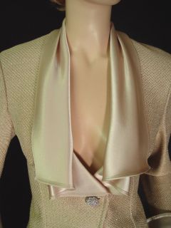 1990 St John Pique Knit Skirt Suit Sz 2 Liquid Satin Draped Collar 