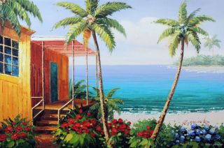 Mexican Beach House Surf Shack Ocean Coconut Palms Stretched 24x36 