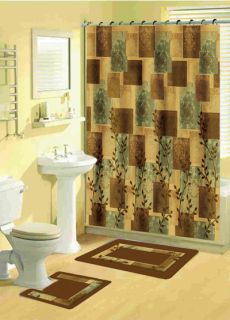   Multi Squares Floral 15 Pcs Shower Curtain with Hooks Bathroom Rug Set