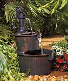   Tier Cascading Old Fashioned Water Pump Barrels Fountain Outdoor Decor