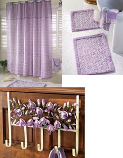   Veronica Damask Fabric Shower Curtain w Hook Bath Rug Towel Set
