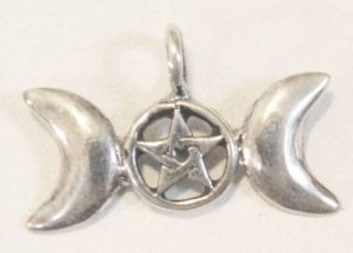 Sterling Silver Triple Moon with Pentacle Pendant Wicca