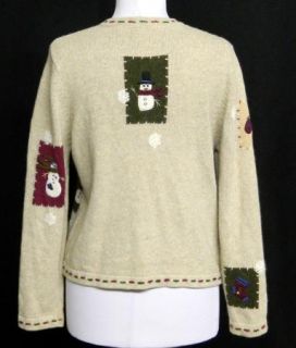 Croft Barrow Petite Size PM Christmas Sweater Snowmen Cardigan Brown 