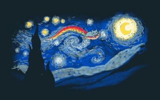 Van Gogh Starry Night with Nyan Cat Mashup Satire PARODY Teefury Women 