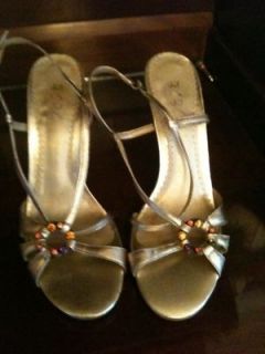 BCBG Paris Gold Metallic Leather Strappy Jeweled Heels