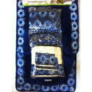 19P Bathroom Rug Set Luxury Blue Flower Bath Shower Curtain Towels Lid 