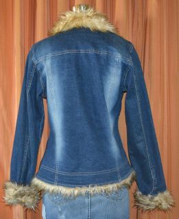 Billabong Blue Faux Fur Denim Jean Jacket Stretch Coat Ladies Womens 