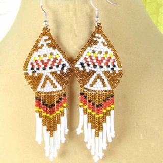 Native Art Brown White Eagle Beaded Earrings Wholesale