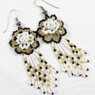White Black Golden Seed Beaded Flower Earrings Handmade