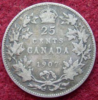 Canadian 25 cents coin dated 1907. KM# 11. For condition please see 