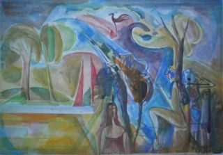 Shlomo Schwartz Signed Watercolor Painting Modern Israel Russia Art 