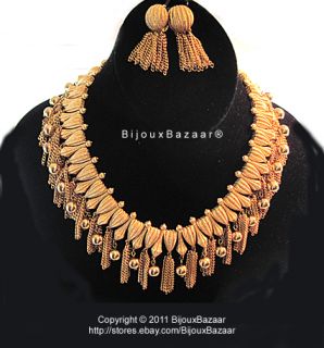 Vintage Crown Trifari Bead Tassel Wide Collar Style Gold Necklace 