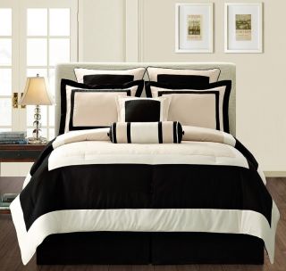 8pcs Black Beige Soft Micro Fiber Bed in a bag Comforter Set Queen 