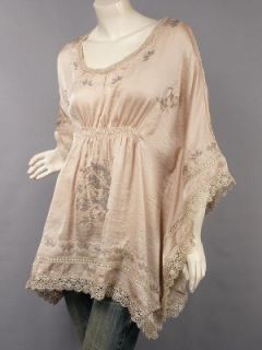 Renaissance Beige Embroidered Poncho Sleeve Satin Tunic Top L