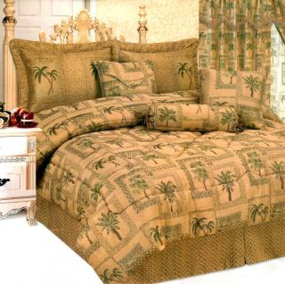 Green Palm Tree Bed in A Bag Comforter Set Queen Brown