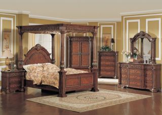 King Poster Canopy Bed Marble 5pc Bedroom Set w Chest