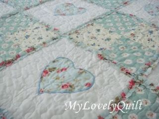 Pale Green Heart Appliques Ruffles Patchwork Quilt Bedspread 3pc Set 