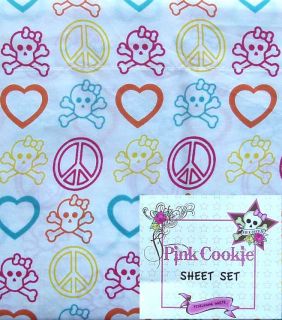 Pink Cookie Skulls Hearts Peace White 3pc Twin Sheets Bedding Set New 