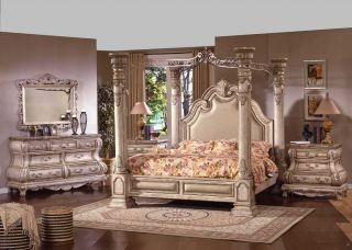 King White Poster Canopy Bed Leather Marble Bedroom 6pc