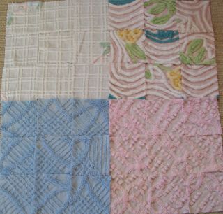 Vintage Chenille Bedspread 36 Cut Quilt Fabric Squares 6 x 6 4 