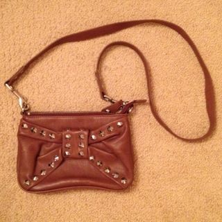 Betsey Johnson Crossbody Bag Cognac Leather w Bow Detail and Studs 