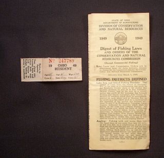 VINTAGE 1949 OHIO RESIDENT FISHING LICENSE TAG WITH DIGEST OF LAWS