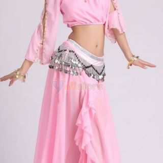 Belly Dance Dancing 3 Rows Plush Hip Scarf Wrap Belt Wear Pink High 