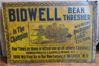 Fabulous Original 19th Century Tin Bidwell Bean Thresher Sign